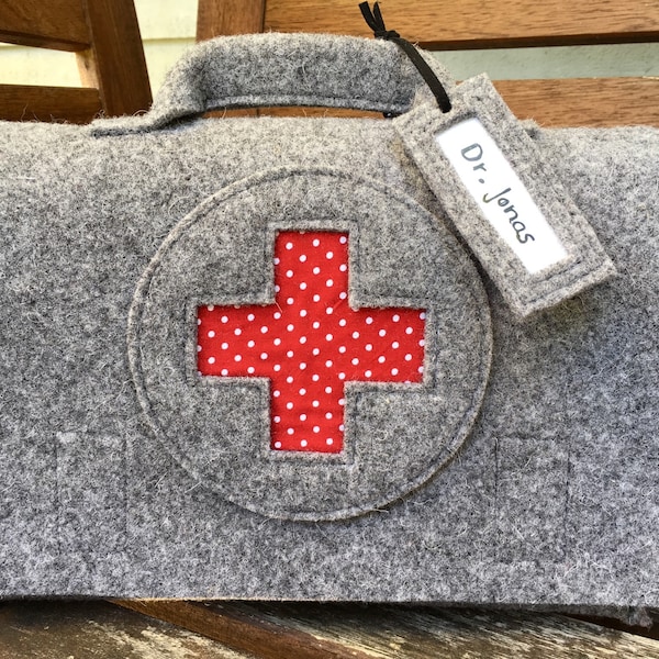 Children's doctor's kit, doctor's bag, doctor's bag, first aid kit, first aid kit, optional name tag, plaster & plaster, light gray wool felt