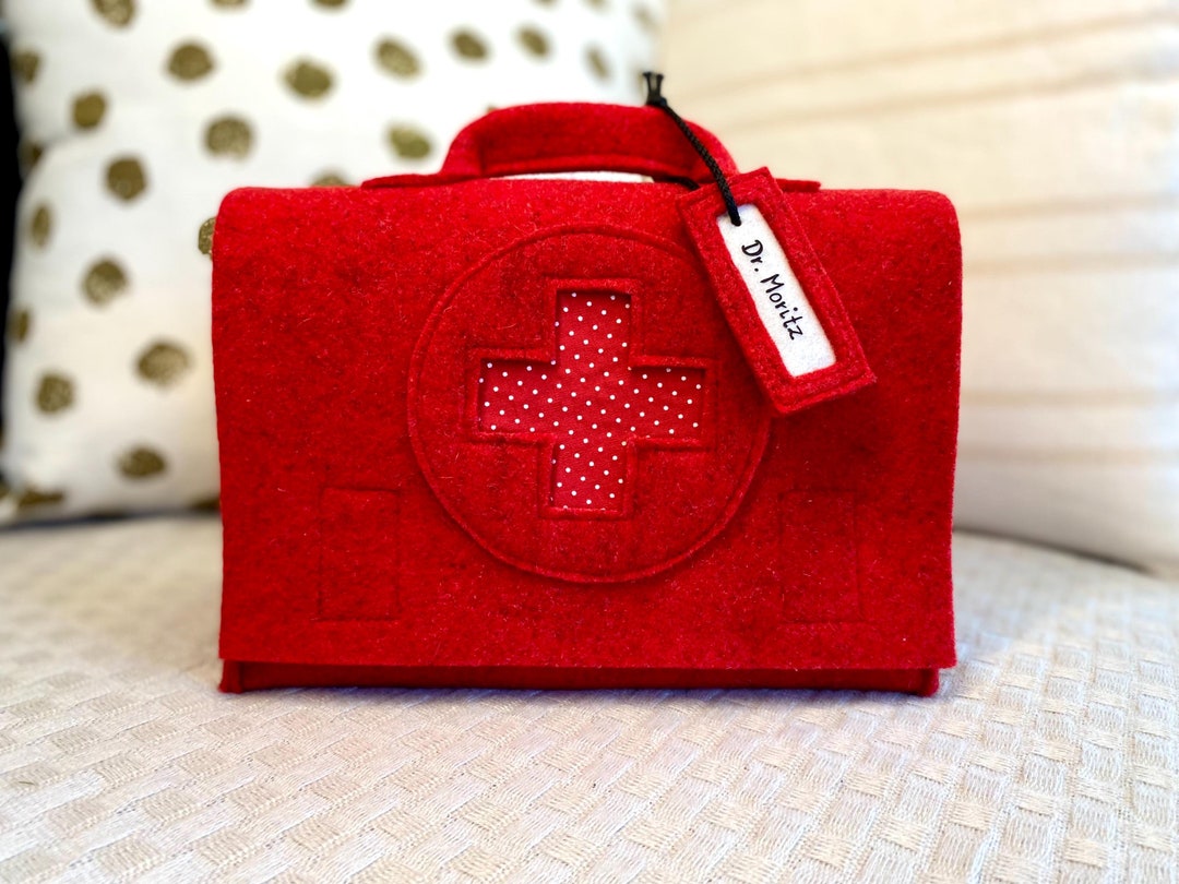Children's Doctor's Bag, Doctor's Bag, Doctor's Bag, Travel Pharmacy, First  Aid Kit, Optionally With Name Tag Additions, Red Wool Felt