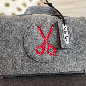 Children&#39;s hairdressing case, hairdressing bag, hairdressing carrying case, hairdressing toy case, hairdressing salon, with name tag, light grey wool felt
