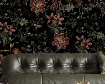 Non-woven wallpaper with a dark floral motif – photo wallpaper for elegant wall design, floral motif wallpaper with vintage charm in black and red