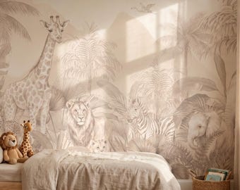 Children's room non-woven wallpaper with safari, palm trees and animals in beige tones - Adapted to your wall and cut to size in strips -