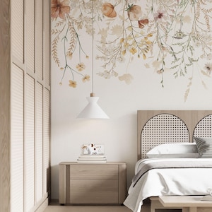 Fototapete Boho Blumen Wiese Aquarell Rand Rahmen Blätter Natur