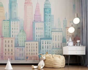 Tapete Pastell Stadt Häuser City Aquarell Fototapete Kinderzimmer Bunt Skyline Buntstift Babyzimmer Motivtapete