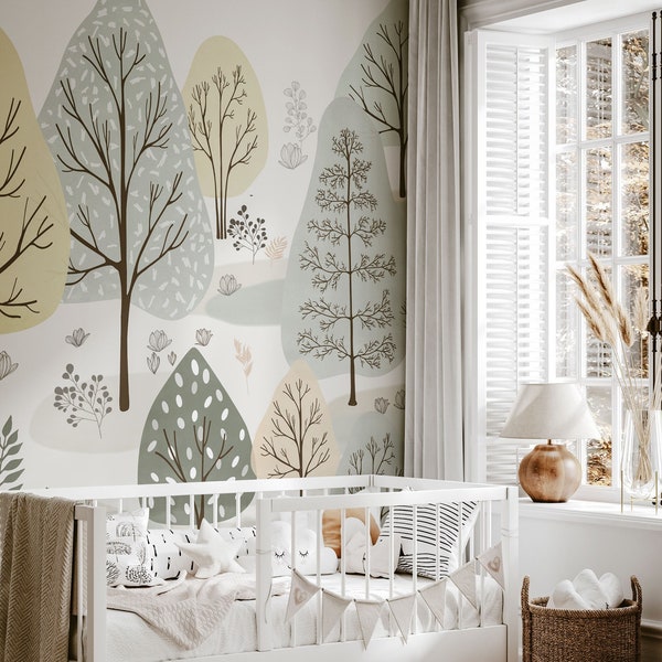 Tapete Pastell Wald Aquarell Fototapete Kinderzimmer Bäume Natur Buntstift Babyzimmer Motivtapete 1039