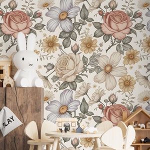 Tapete Aquarell Malerei Vintage Floral Kunst Blüten Flowers Fototapete Kinderzimmer Blumen Natur Babyzimmer Motivtapete Muster