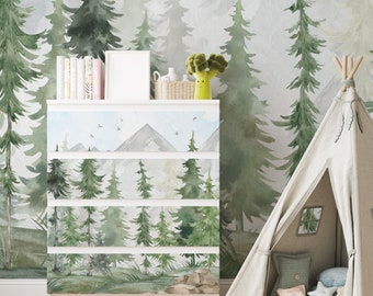 IKEA Malm Kommode Schrank Premium Aufkleber Möbelfolie Wald Tannen Aquarell Bäume Deko Kinderzimmer Folie wiederablösbar