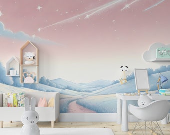 Tapete Pastell Himmel Berge Aquarell Fototapete Kinderzimmer Bäume Natur Buntstift Babyzimmer Motivtapete