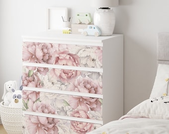 IKEA Malm Kommode Schrank Premium Aufkleber Möbelfolie Blumen Rosen Kinderzimmer Floral Muster Deko Kinderzimmer Folie wiederablösbar