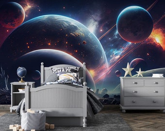 Behang Space 3D fotobehang kinderkamer maan raket ruimteschip ruimtesterren astronaut