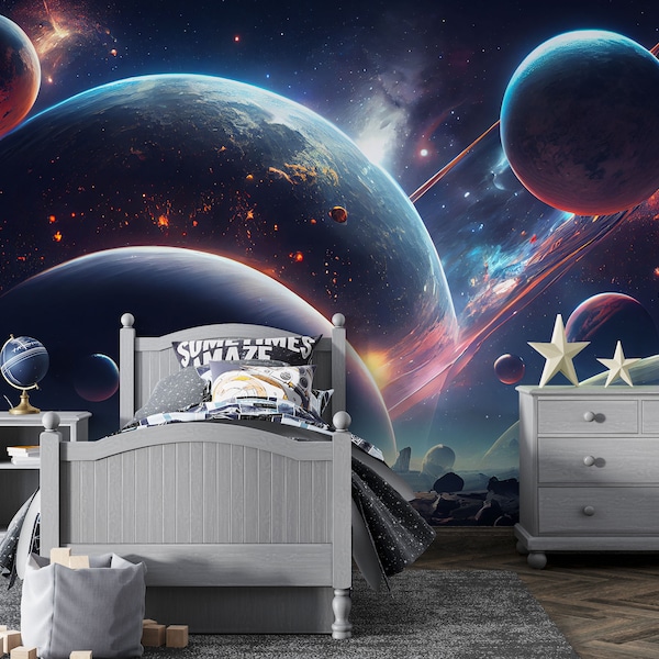 Tapete Weltraum Weltall 3D Fototapete Kinderzimmer Mond Rakete Raumschiff Weltall Sterne Astronaut