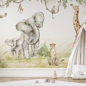Carta da parati Animali del safari Carta da parati fotografica Cameretta dei bambini Giungla pastello Giraffa Leone Matita colorata acquerello Carta da parati a motivi cameretta dei bambini #1147