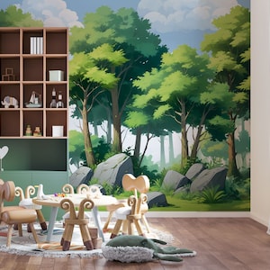 Carta da parati fumetto foresta - carta da parati fotografica, cameretta dei bambini, foresta, abete, montagne, natura, acquerello, matita colorata, cameretta dei bambini, carta da parati a motivi, colorata