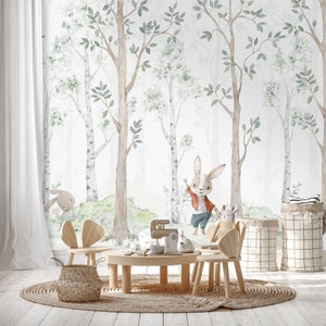 Carta da parati bosco di betulle con carta da parati fotografica conigli, camera dei bambini riccio animali della foresta foresta acquerello matita colorata natura carta da parati con motivi per cameretta dei bambini #K16