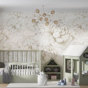 Carta da parati peonie fiori grandi beige fiori bianchi ragazze foto carta da parati vintage cameretta dei bambini natura cameretta dei bambini motivo carta da parati