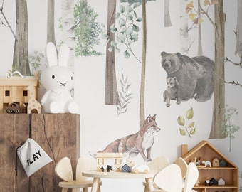 Papier peint animaux de la forêt aquarelle papier peint photo chambre d'enfant animaux de la forêt aquarelle crayon de couleur nature chambre de bébé couleur souhaitée papier peint à motifs 1020
