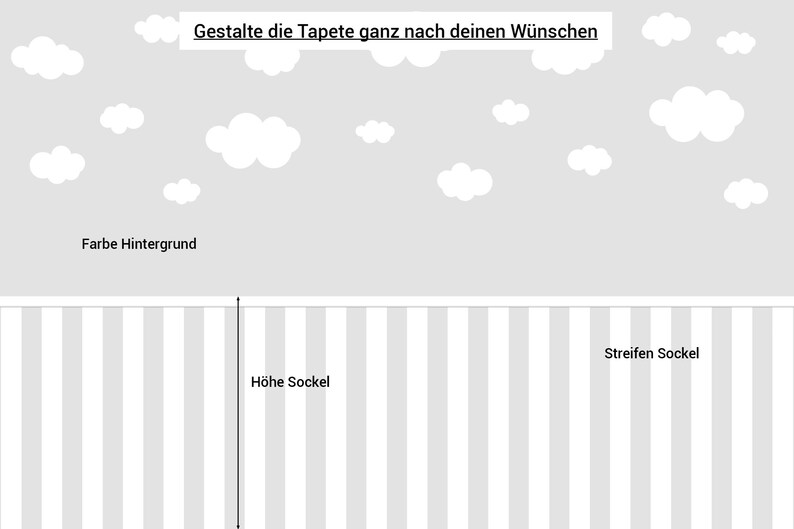May include: A customisable wallpaper design with a grey background and white clouds. The bottom of the image shows a striped pattern with the text "Streifen Sockel" and "H&ouml;he Sockel". The text at the top of the image reads "Gestalte die Tapete ganz nach deinen W&uuml;nschen".
