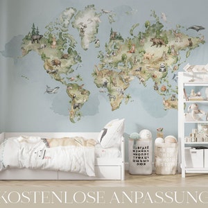 Tapete Weltkarte Aquarell Fototapete Kinderzimmer Länder Tiere Planet Landkarte pastell ruhig Buntstift Babyzimmer Motivtapete #1032