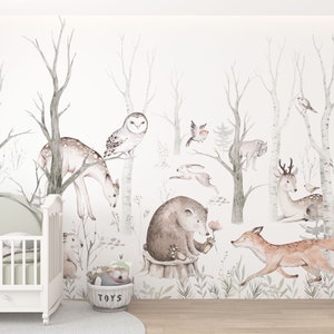 Carta da parati animali del bosco autunnale - carta da parati fotografica, camera dei bambini, foresta, bebè, conigli, cervi, sognante, alberi, natura, carta da parati a motivi 1027