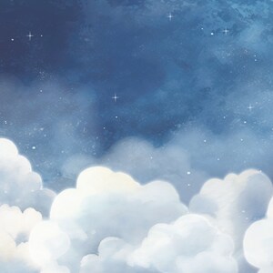 May include: A watercolor painting of a night sky with fluffy white clouds and scattered white stars.
