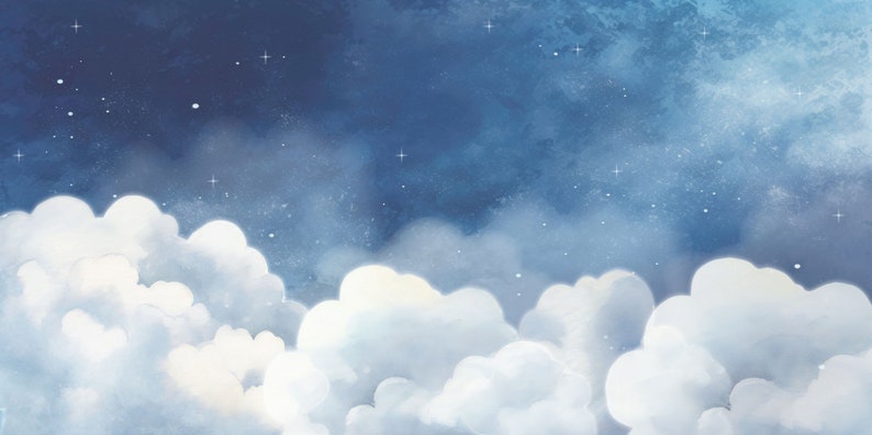 May include: A watercolor painting of a night sky with fluffy white clouds and scattered white stars.