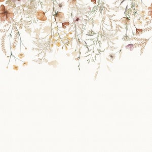 May include: A watercolor illustration of a border of dried flowers and foliage in shades of brown, beige, and white.