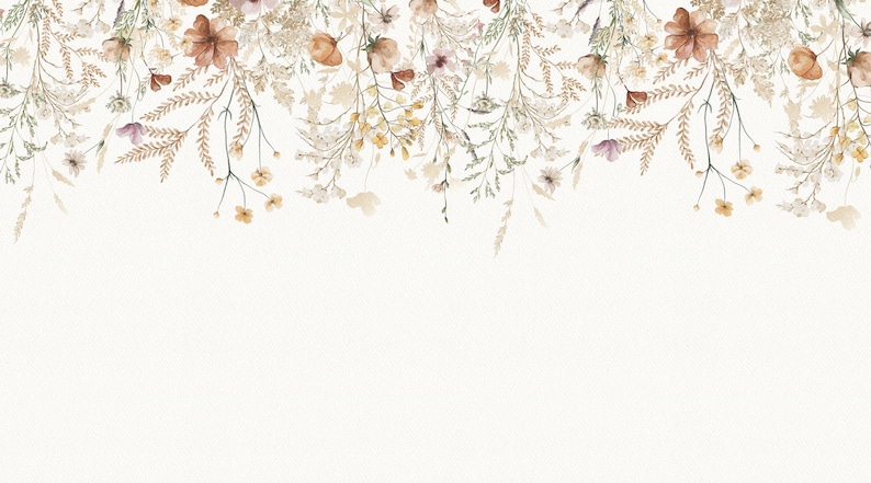 May include: A watercolor illustration of a border of dried flowers and foliage in shades of brown, beige, and white.