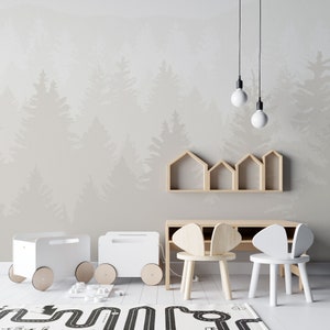 Carta da parati beige foresta vista paesaggio silhouette foto carta da parati camera dei bambini foresta alberi natura cameretta bambini montagne carta da parati a motivi
