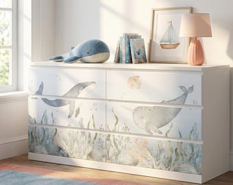 Komoda IKEA Malm z rybą z dna morskiego, podwodna, akwarelowa, naklejka premium, folia meblowa, dekoracja pokoju dziecięcego, zdejmowana