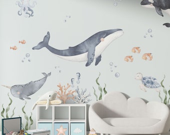 Wandaufkleber Unterwasser XXL Wandtattoo Set Kinderzimmer Meer Tiere Wandsticker Wal Fische Babyzimmer Aquarell selbstklebend wiederablösbar