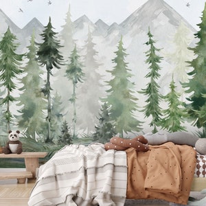 Wallpaper fir forest watercolor - photo wallpaper, children's room, forest, fir tree, mountains, nature, watercolor, colored pencil, baby room, motif wallpaper 1031