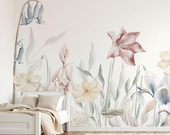 Floral non-woven wallpaper meadow – photo wallpaper with large flowers in pastel shades, romantic motif wallpaper for children's rooms in individual sizes