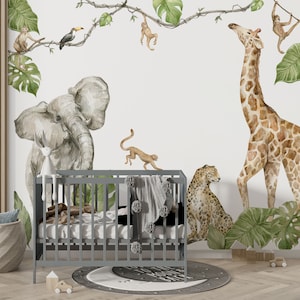 Wandaufkleber Safari XXL Wandtattoo Set Kinderzimmer Dschungel Tiere Wandsticker Jungle Babyzimmer Aquarell selbstklebend wiederablösbar