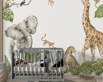 XXL Safari Wall Decal Set, Jungle Animals Wall Stickers for Children's Room, Baby Room, Watercolor, Self-Adhesive, Removable