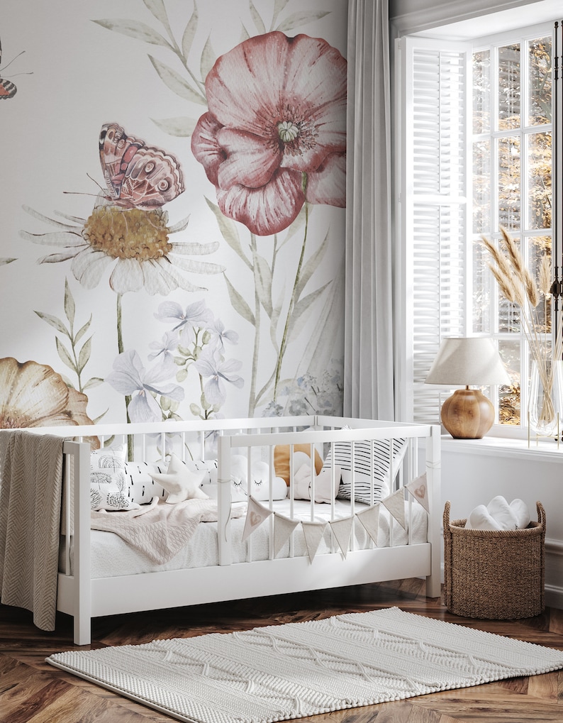 Papier peint papillon jardin fleurs prairie abeille pastel papier peint photo chambre d'enfant fleurs nature chambre de bébé motif papier peint 1138 image 4