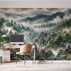 Carta da parati paesaggio foresta di abeti carta da parati fotografica foresta nebbia alberi arte arte carta da parati motivo natura soggiorno camera da letto #1179