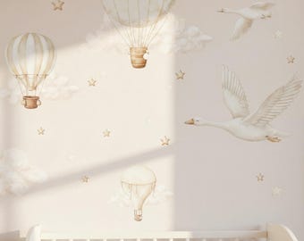 Pegatinas de pared de nubes y gansos con globos aerostáticos - Pegatinas de pared de animales para habitación infantil neutras, para habitación de bebé, acuarela, autoadhesivas, extraíbles