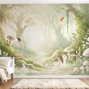 Carta da parati con foresta incantata e fata per la cameretta dei bambini, carta da parati fotografica ad acquerello, foresta magica, pastello, natura, beige, motivo a matita colorata per cameretta dei bambini #1176