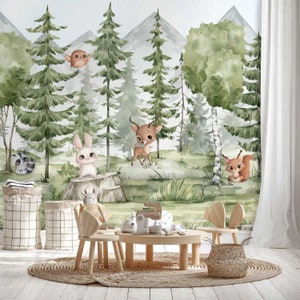 Carta da parati foresta di abeti con animali carta da parati fotografica cameretta dei bambini foresta cervi conigli montagne natura acquerello matita colorata cameretta animali del bosco 1033