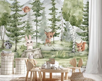 Tapete Tannenwald mit Tieren Fototapete Kinderzimmer Wald Reh Hase Berge Natur Aquarell Buntstift Babyzimmer Waldtiere 1033