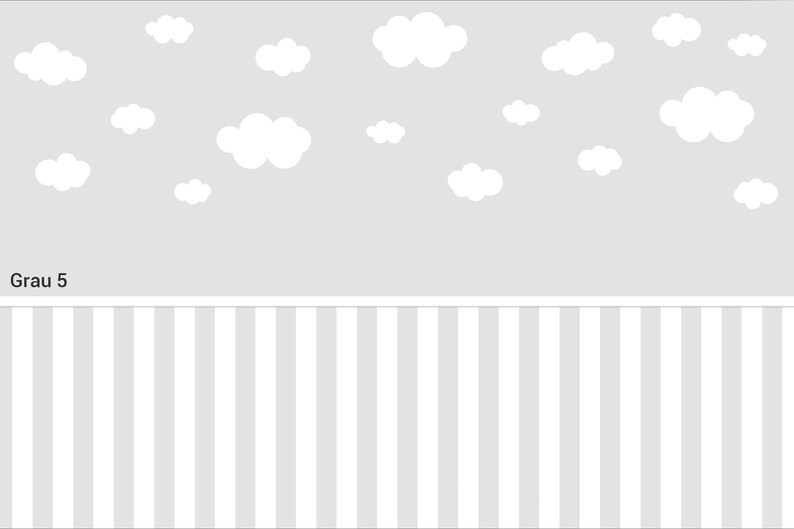 May include: A grey background with white clouds and a grey and white striped pattern at the bottom. The text "Grau 5" is at the top of the image.