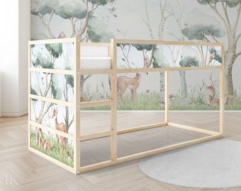 IKEA KURA Bett Aufkleber Kura Bett wiederablösbar Aufkleber Kinderzimmer Aufkleber Folie Abziehbild Wald Tiere Reh Fuchs Aquarel Natur Bäume