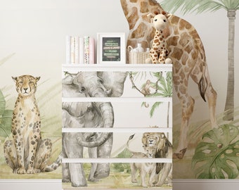 IKEA Malm Aufkleber Safari Tiere Dschungel Aquarell Giraffe Löwe Kommode Schrank Premium Möbelfolie Kinderzimmer Deko Folie wiederablösbar