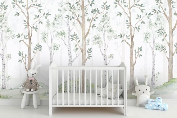 Wallpaper Photo Wallpaper Nursery Woodland Birches Etsy