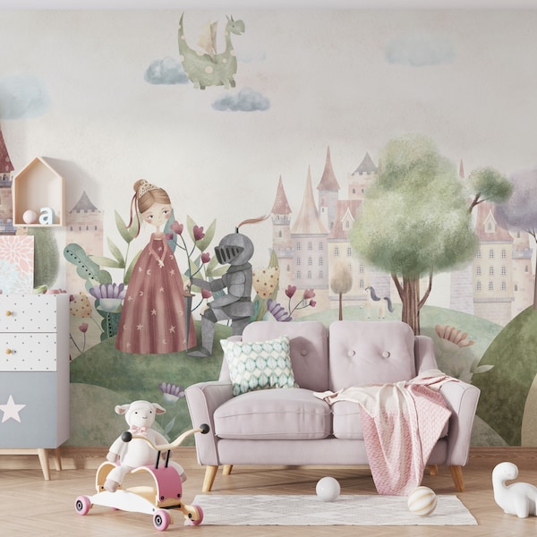 Papier peint photo de conte de fées pour chambre d'enfant, princesse, chevalier, dragon, aquarelle, crayon de couleur, chambre de bébé, décoration murale #1028