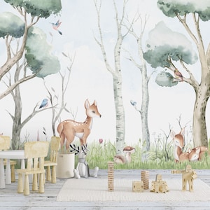 Wallpaper Forest Animals Watercolor Photo Wallpaper Children's Room Forest Animals Watercolor Colored Pencil Nature Baby Room Individual Desired Color Motif Wallpaper #1024