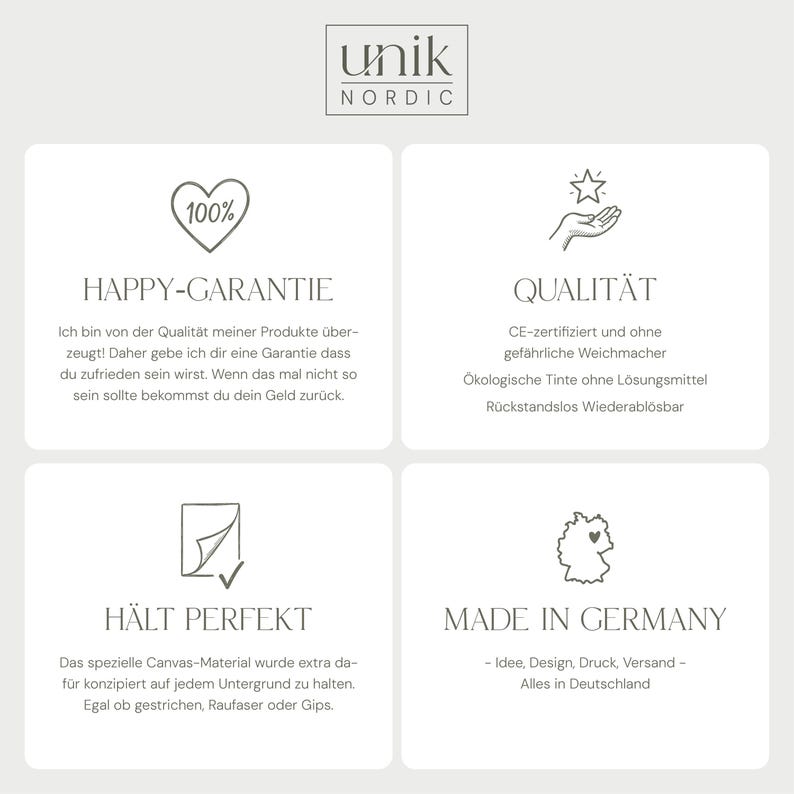 K&ouml;nnte beinhalten: Eine wei&szlig;e Grafik mit dem Text "unik nordic" oben. Darunter befinden sich vier wei&szlig;e Quadrate mit Text und Symbolen. Der Text enth&auml;lt "Happy-Garantie", "Qualit&auml;t", "H&auml;lt Perfekt" und "Made in Germany".