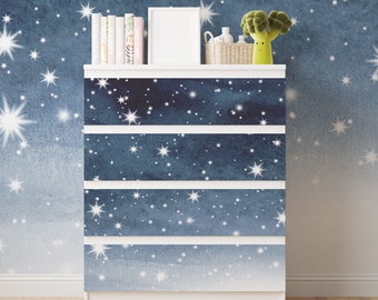 IKEA Malm Kommode Sterne Himmel Nacht Aquarell Schrank Premium Aufkleber Möbelfolie Deko Kinderzimmer Folie wiederablösbar
