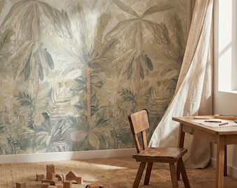 Children's room non-woven wallpaper with jungle and palm trees in pastel watercolor style - adapted to your wall and cut to size in strips -