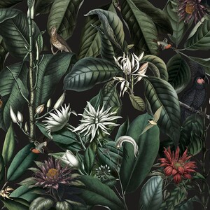 Tapete Botanical Jungle Tropisch Fototapete Blätter Blumen Vögel Muster dunkel Wandtapete Vintage Floral Dschungel Mural Art Deco 1140 Bild 6