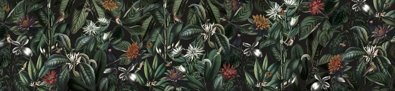 Tapete Botanical Jungle Tropisch Fototapete Blätter Blumen Vögel Muster dunkel Wandtapete Vintage Floral Dschungel Mural Art Deco 1140 Bild 6